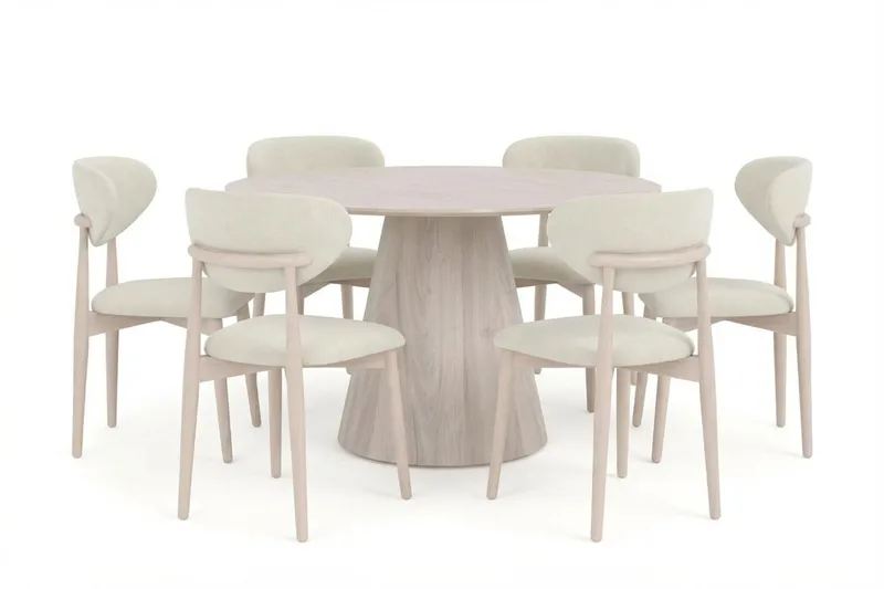 Siena spisegruppe rund 130 cm hvidlakeret med 6 Molly spisestole, Hvidolieret