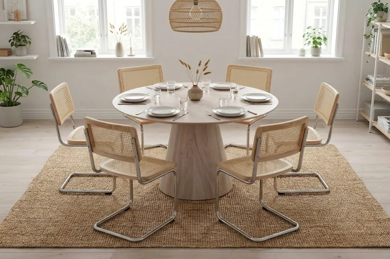 Siena spisegruppe rund 130 cm hvidlaseret med 6 Build spisestole - Hvidlaseret/Natur/krom - Møbler - Borde - Spisebordssæt