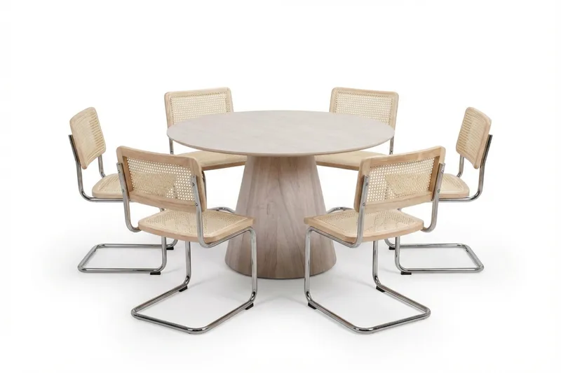 Siena spisegruppe rund 130 cm hvidlaseret med 6 Build spisestole, Hvidlaseret/Natur/krom