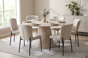 Siena spisegruppe rund 130 cm hvidlaseret med 6 Elsie-spisestole - Hvidbejdset eg - Møbler - Borde - Spisebordssæt