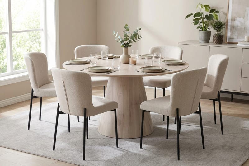 Siena spisegruppe rund 130 cm hvidlaseret med 6 Elsie-spisestole - Hvidbejdset eg - Møbler - Borde - Spisebordssæt