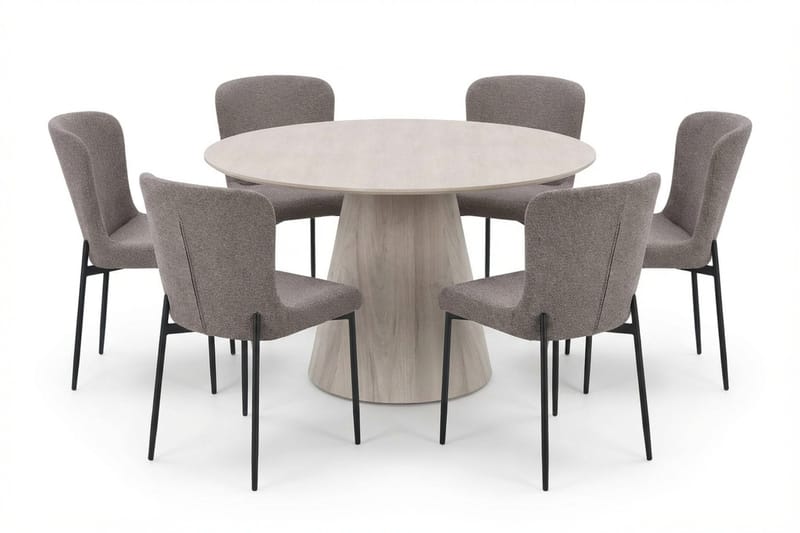 Siena spisegruppe rund 130 cm hvidlaseret med 6 Elsie-spisestole, Hvidbejdset eg