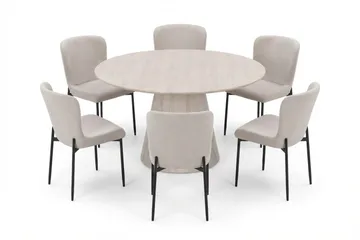 Siena spisegruppe rund 130 cm hvidlaseret med 6 Elsie-spisestole