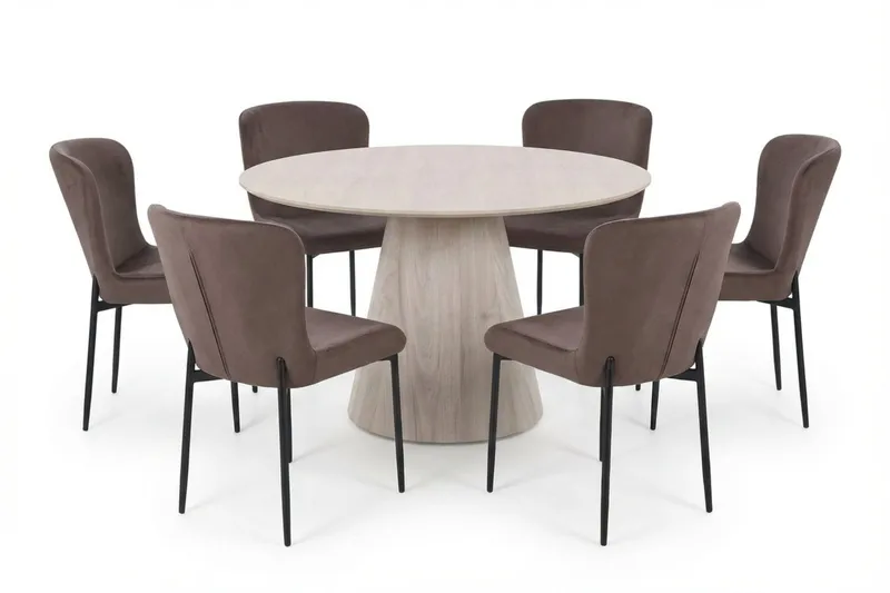 Siena spisegruppe rund 130 cm hvidlaseret med 6 Elsie-spisestole, Hvidlaseret/Brun