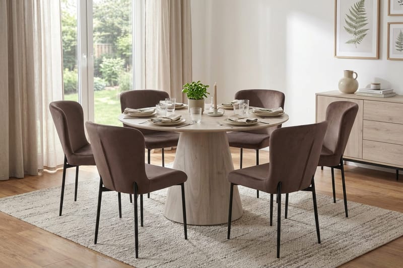 Siena spisegruppe rund 130 cm hvidlaseret med 6 Elsie-spisestole - Hvidlaseret/Brun - Møbler - Borde - Spisebordssæt