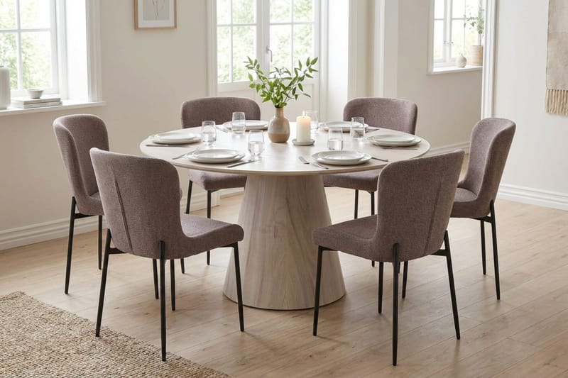 Siena spisegruppe rund 130 cm hvidlaseret med 6 Elsie-spisestole - Hvidlaseret/Grå - Møbler - Borde - Spisebordssæt