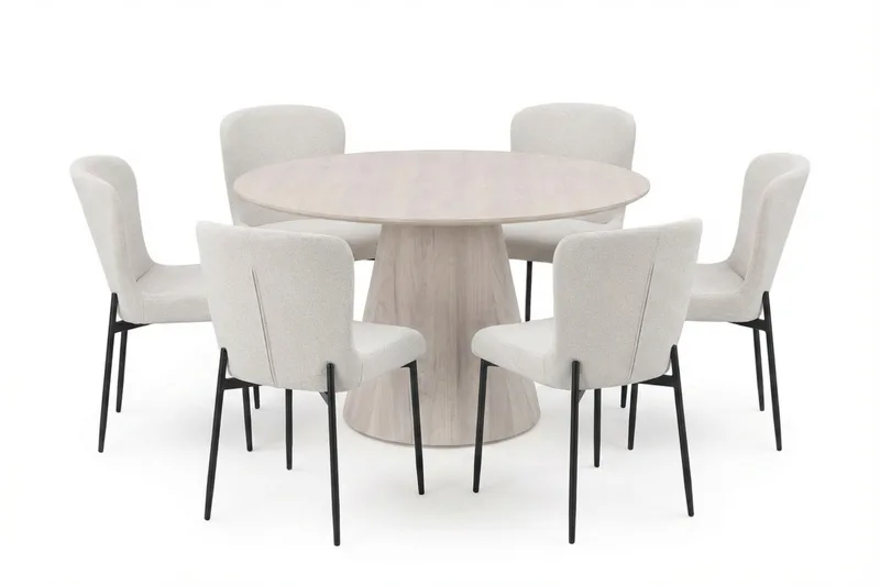 Siena spisegruppe rund 130 cm hvidlaseret med 6 Elsie-spisestole - Hvidlaseret/Hvid - Møbler - Borde - Spisebordssæt