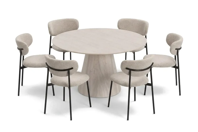 Siena spisegruppe rund 130 cm Hvidlaseret med 6 Lucy-spisestole, Hvidlaseret