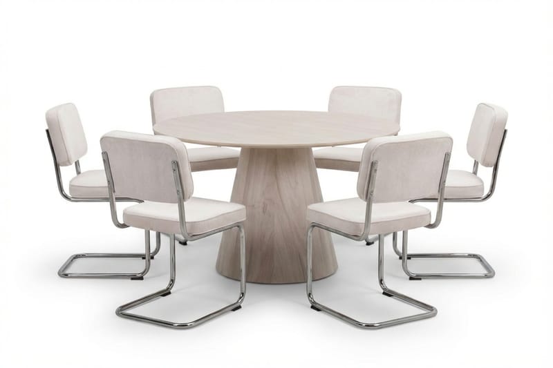 Siena spisegruppe rund 130 cm hvidlaseret med 6 Milva spisestole, Hvidlaseret/Beige/krom