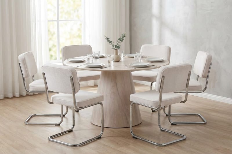 Siena spisegruppe rund 130 cm hvidlaseret med 6 Milva spisestole - Hvidlaseret/Beige/krom - Møbler - Borde - Spisebordssæt