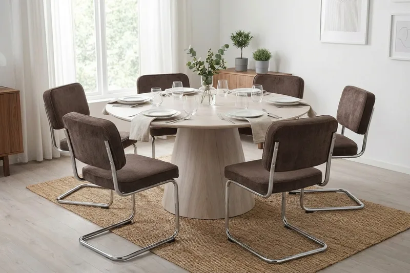 Siena spisegruppe rund 130 cm hvidlaseret med 6 Milva spisestole - Hvidlaseret/Brun/krom - Møbler - Borde - Spisebordssæt