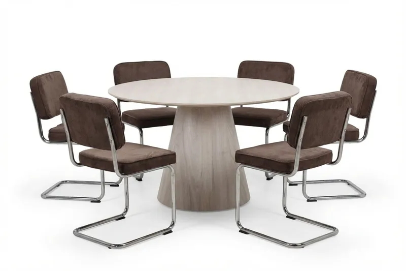 Siena spisegruppe rund 130 cm hvidlaseret med 6 Milva spisestole - Hvidlaseret/Brun/krom - Møbler - Borde - Spisebordssæt