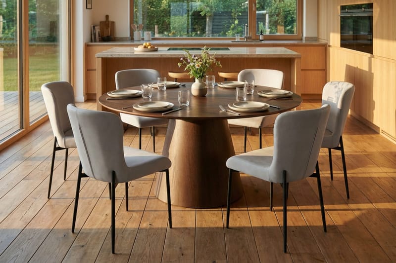 Siena Spisegruppe Rund 130 cm Røget Eg med 6 Elsie Spisestole - Røget Eg/Beige - Møbler - Borde - Spisebordssæt