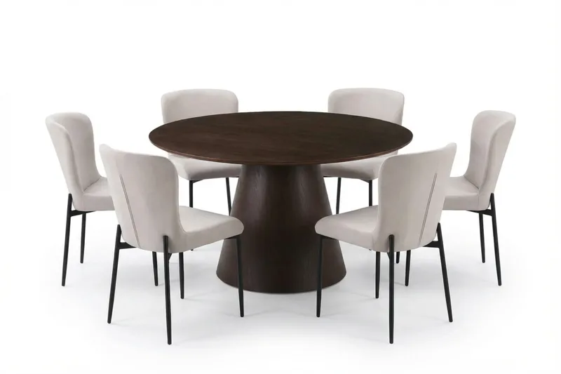 Siena Spisegruppe Rund 130 cm Røget Eg med 6 Elsie Spisestole - Røget Eg/Beige - Møbler - Borde - Spisebordssæt