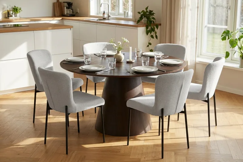 Siena Spisegruppe Rund 130 cm Røget Eg med 6 Elsie Spisestole - Røget Eg/Hvid - Møbler - Borde - Spisebordssæt