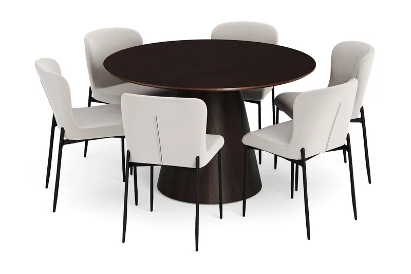 Siena spisegruppe rund 130 cm røget eg med 6 Elsie spisestole, Røget eg/Hvid