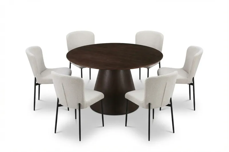 Siena Spisegruppe Rund 130 cm Røget Eg med 6 Elsie Spisestole, Røget Eg/Hvid