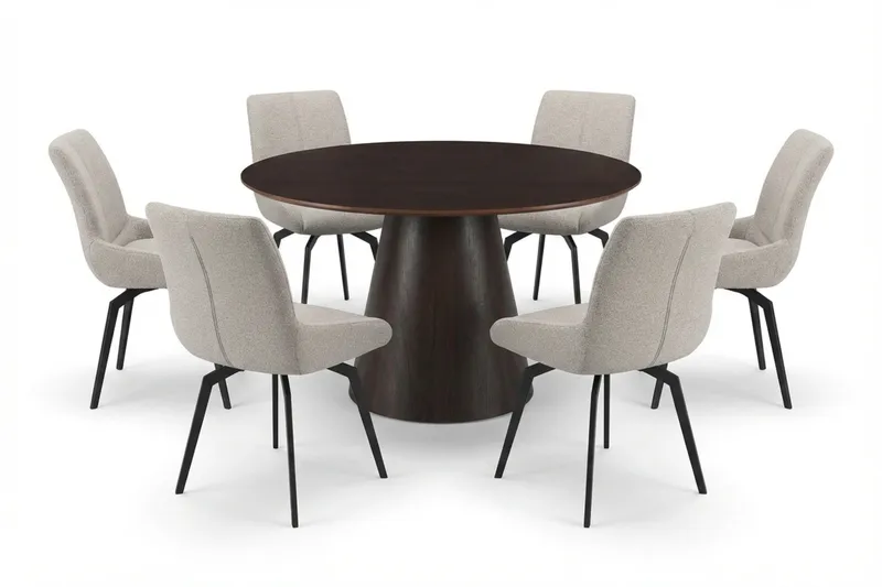 Siena spisegruppe rund 130 cm røget eg med 6 Mora spisestole, Røget eg