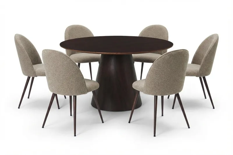 Siena spisegruppe rund 130 cm røget eg med 6 Nibe Plus spisestole, Røget eg
