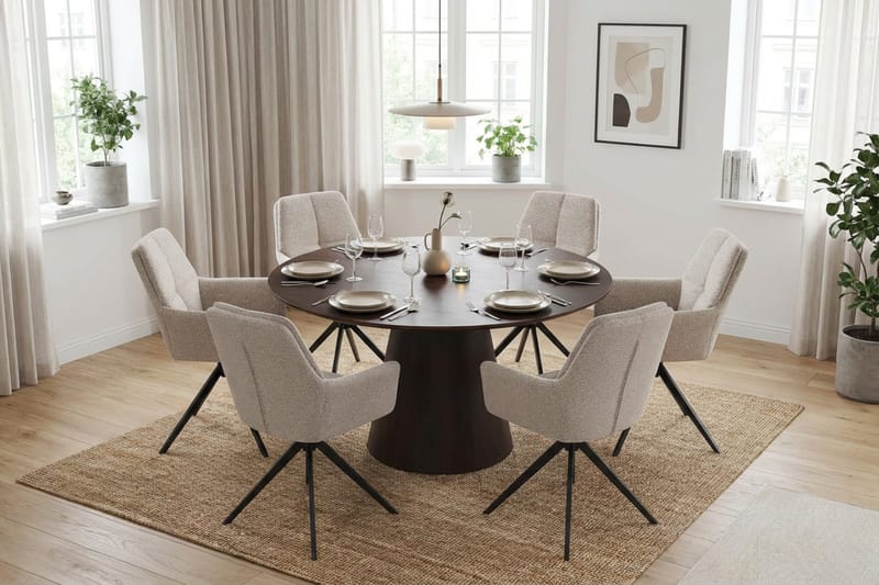 Siena spisegruppe rund 130 cm røget eg med 6 Torsby spisestole - Røget eg - Møbler - Borde - Spisebordssæt