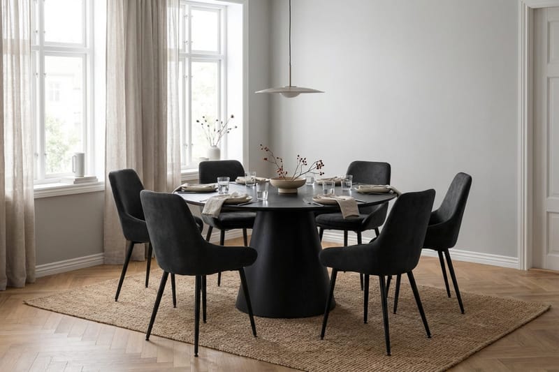 Siena spisegruppe rund 130 cm sort med 6 Alsarp spisestole - Sort - Møbler - Borde - Spisebordssæt