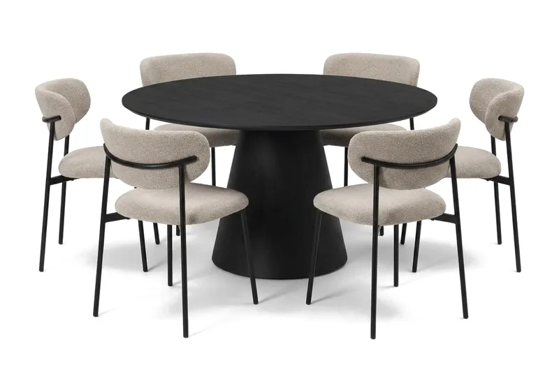 Siena spisegruppe rund 130 cm Sort med 6 Lucy-spisestole - Sort - Møbler - Borde - Spisebordssæt