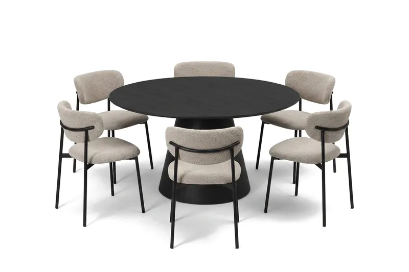 Siena spisegruppe rund 130 cm Sort med 6 Lucy-spisestole - Sort - Møbler - Borde - Spisebordssæt