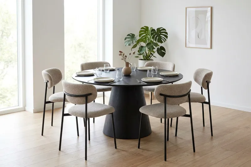 Siena spisegruppe rund 130 cm Sort med 6 Lucy-spisestole - Sort - Møbler - Borde - Spisebordssæt