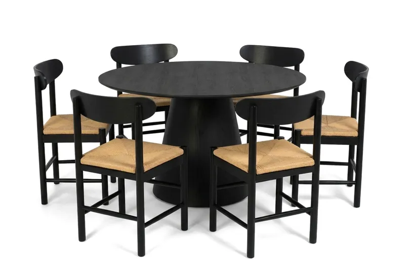 Siena Spisegruppe rund 130 cm Sort med 6 Malte Spisestole - Møbler - Borde - Spisebordssæt