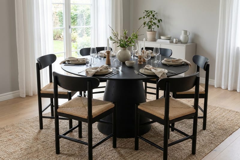 Siena Spisegruppe rund 130 cm Sort med 6 Malte Spisestole - Møbler - Borde - Spisebordssæt