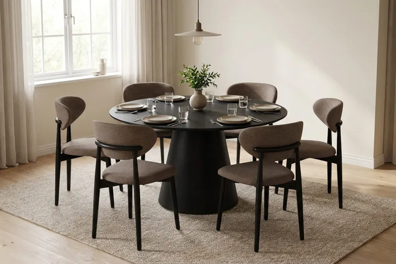 Siena spisegruppe rund 130 cm sort med 6 Molly spisestole - Sort - Møbler - Borde - Spisebordssæt