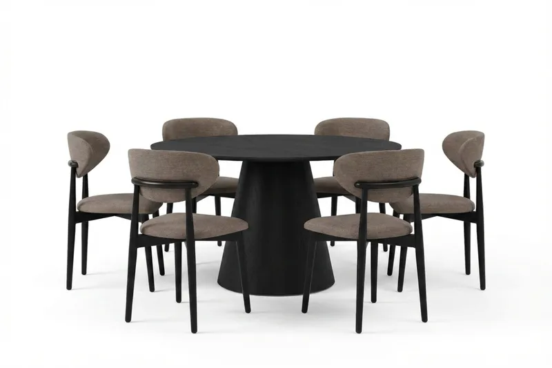 Siena spisegruppe rund 130 cm sort med 6 Molly spisestole, Sortbejdset eg