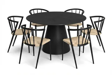 Siena spisegruppe rund 130 cm sort med 6 Winston spisestole - Sortbejdset eg - Møbler - Borde - Spisebordssæt