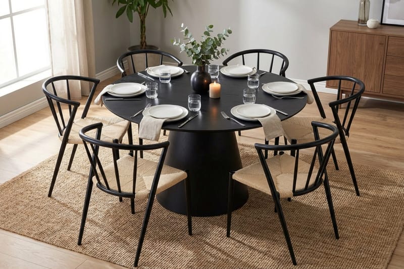Siena spisegruppe rund 130 cm sort med 6 Winston spisestole - Sortbejdset eg - Møbler - Borde - Spisebordssæt
