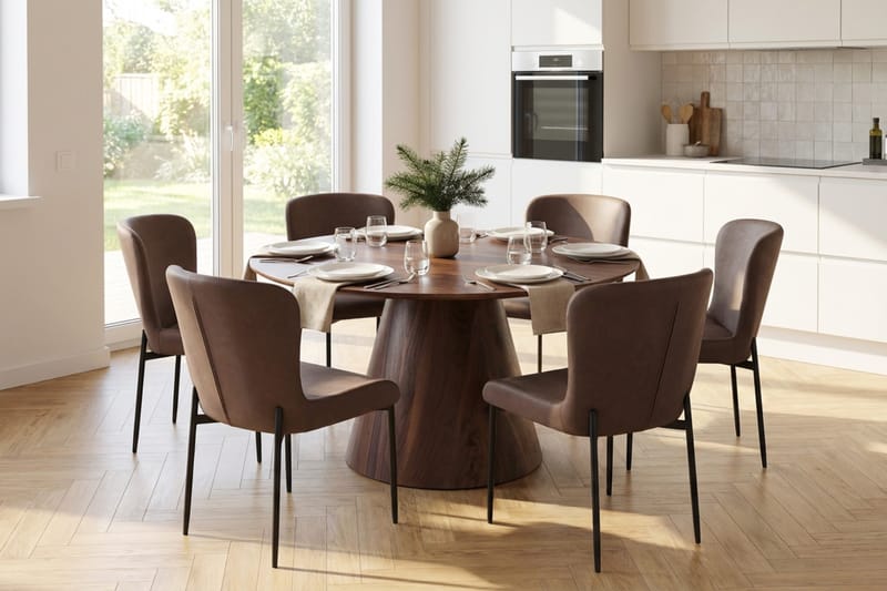 Siena spisegruppe rund 130 cm valnød med 6 Elsie spisestole - Valnød/Brun - Møbler - Borde - Spisebordssæt