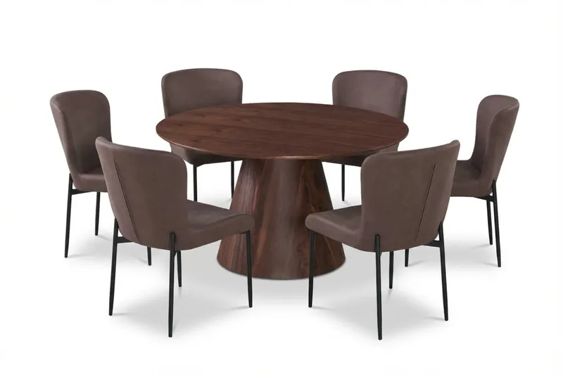 Siena spisegruppe rund 130 cm valnød med 6 Elsie spisestole, Valnød/Brun