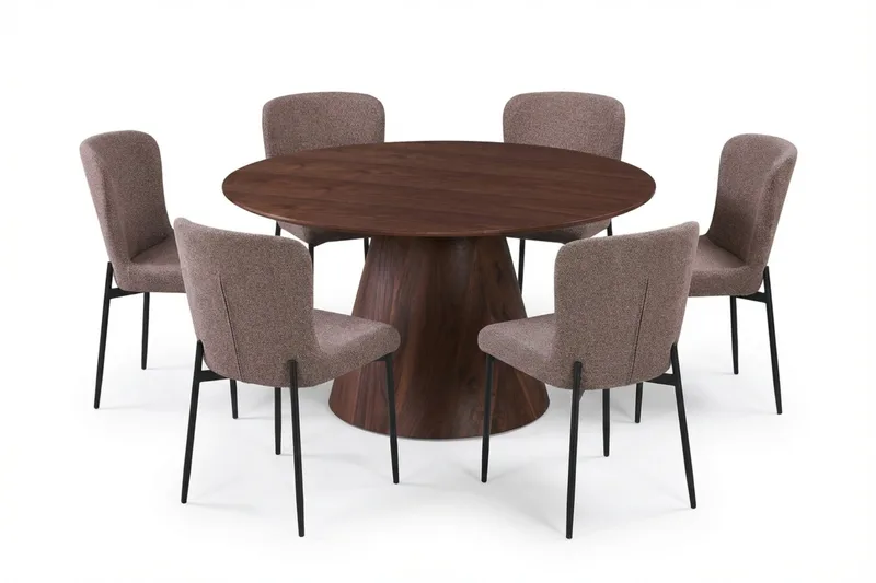 Siena Spisegruppe Rund 130 cm Valnød med 6 Elsie Spisestole, Valnød/Grå