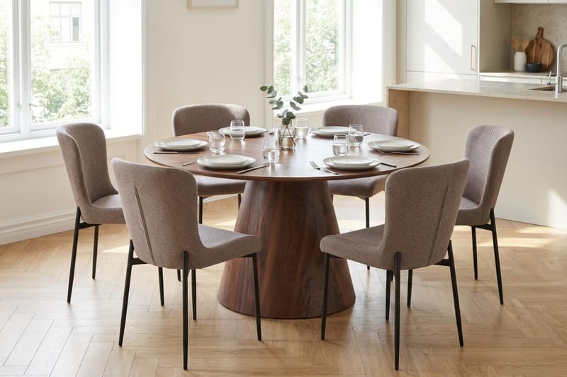 Siena Spisegruppe Rund 130 cm Valnød med 6 Elsie Spisestole - Valnød/Grå - Møbler - Borde - Spisebordssæt