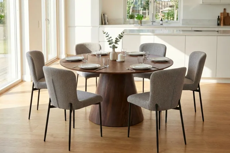 Siena Spisegruppe Rund 130 cm Valnød med 6 Elsie Spisestole - Valnød/Lysegrå - Møbler - Borde - Spisebordssæt