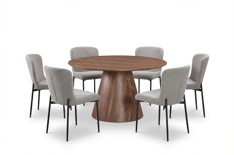 Siena Spisegruppe Rund 130 cm Valnød med 6 Elsie Spisestole, Valnød/Lysegrå