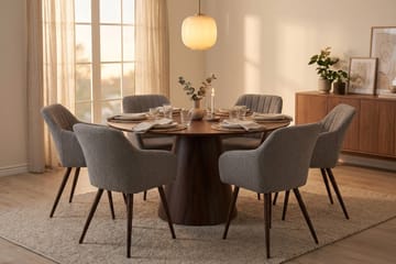 Siena spisegruppe rund 130 cm valnød med 6 Filippa spisestole - Valnød - Møbler - Borde - Spisebordssæt