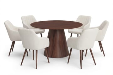 Siena spisegruppe rund 130 cm valnød med 6 Filippa spisestole