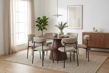 Siena spisegruppe rund 130 cm Valnød med 6 Lucy-spisestole - Valnød - Møbler - Borde - Spisebordssæt
