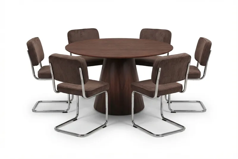 Siena spisegruppe rund 130 cm valnød med 6 Milva spisestole - Valnød - Møbler - Borde - Spisebordssæt