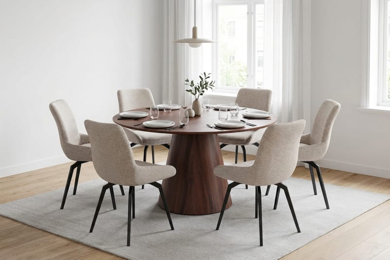 Siena spisegruppe rund 130 cm valnød med 6 Mora spisestole - Valnød - Møbler - Borde - Spisebordssæt