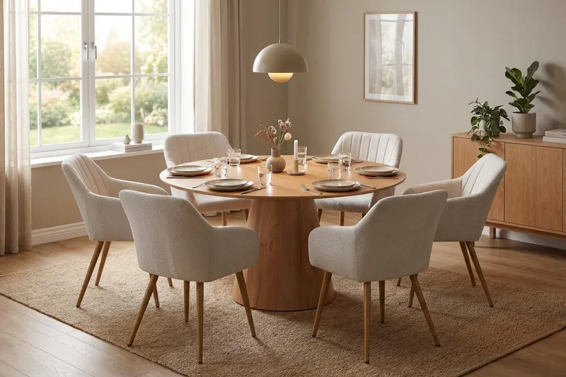 Siena spisegruppe rund 150 cm eg med 6 Filippa spisestole - Eg - Møbler - Borde - Spisebordssæt