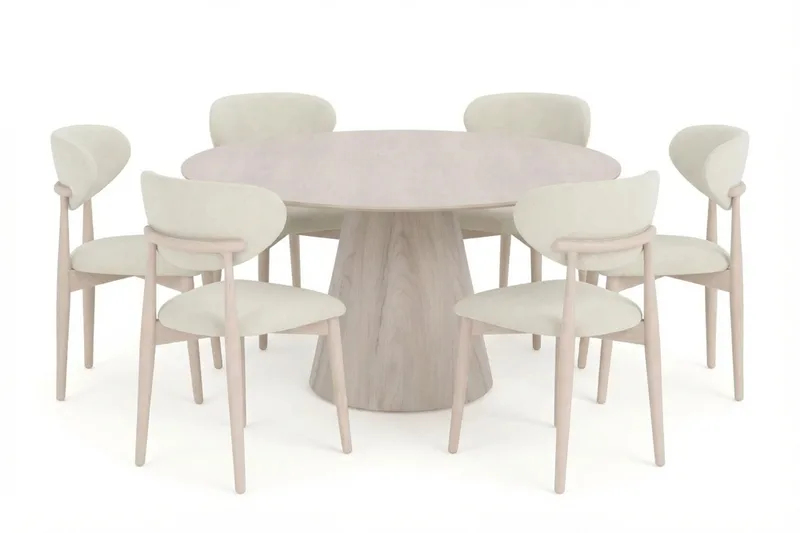 Siena spisegruppe rund 150 cm hvidlakeret med 6 Molly spisestole, Hvidolieret