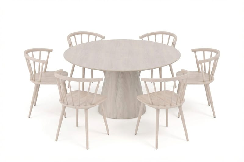 Siena spisegruppe rund 150 cm hvidlakeret med 6 Tyrö spisebordsstole, Hvidolieret