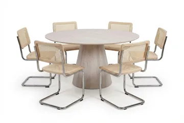 Siena spisegruppe rund 150 cm hvidlaseret med 6 Build spisestole - Hvidbejdset eg - Møbler - Borde - Spisebordssæt