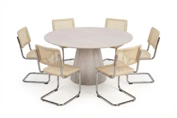 Siena spisegruppe rund 150 cm hvidlaseret med 6 Build spisestole - Hvidbejdset eg - Møbler - Borde - Spisebordssæt